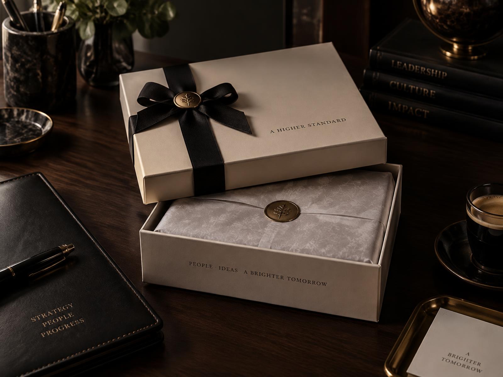 Ivory presentation gift box with brass seal on a walnut executive desk
